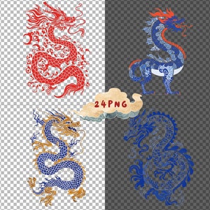 May include: Four different illustrations of dragons in various poses. The dragons are drawn in a traditional Chinese style with intricate details and vibrant colors. The dragons are red, blue, and gold.