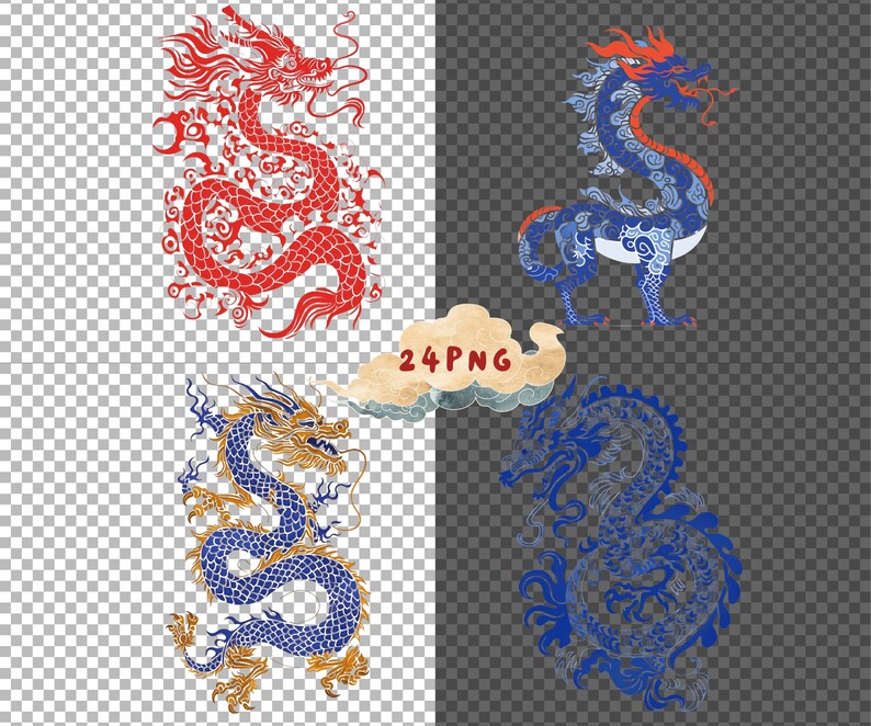 May include: Four different illustrations of dragons in various poses. The dragons are drawn in a traditional Chinese style with intricate details and vibrant colors. The dragons are red, blue, and gold.