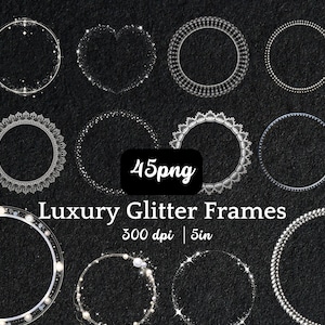 Luxury Glitter Circle Frame PNG Transparent Background, Elegant Diamond Pearl Wreath Clipart, Minimalist Sparkle Border Digital Download
