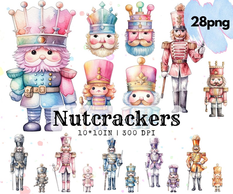 Pastel Nutcracker Clipart Watercolor Nutcracker PNG Cute Christmas Soldier Nutcracker Images for Cards Stickers Crafts Holiday Decor image 1