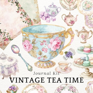 Könnte beinhalten: Vintage-Journal-Set zum Thema Teezeit mit Aquarell-Illustrationen von Teetassen, Teekannen, Macarons und Blumendesigns. Das Set enthält eine große Teetasse, eine Teekanne, einen Teller mit Macarons und ein Blumendesign.