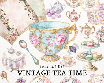 Victorian Tea Party Journal Kit with Vintage Floral Designs, Scrapbooking Background, Teacup Teapot Image, Vintage Tea Time, China Set PNG