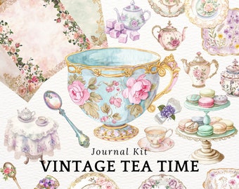 Può includere: Kit di diario vintage sul tema dell'ora del tè con illustrazioni ad acquerello di tazze da tè, teiere, macarons e motivi floreali. Il kit include una grande tazza da tè, una teiera, un piatto di macarons e un motivo floreale.
