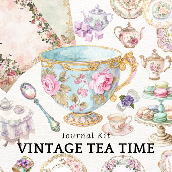 Victorian Tea Party Journal Kit with Vintage Floral Designs, Scrapbooking Background, Teacup Teapot Image, Vintage Tea Time, China Set PNG