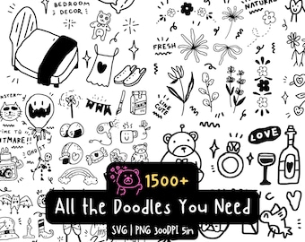 1500+ Hand Drawn Doodle Clipart SVG PNG for Stickers Logos Merch Planner Graphics Graffiti Style Vector Commercial Use Digital Download