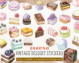 Watercolor Dessert Clipart Bundle - Vintage Bakery Pastry Illustration PNG - Cute Sweets Stickers for Scrapbook, Junk Journal, Recipe Cards