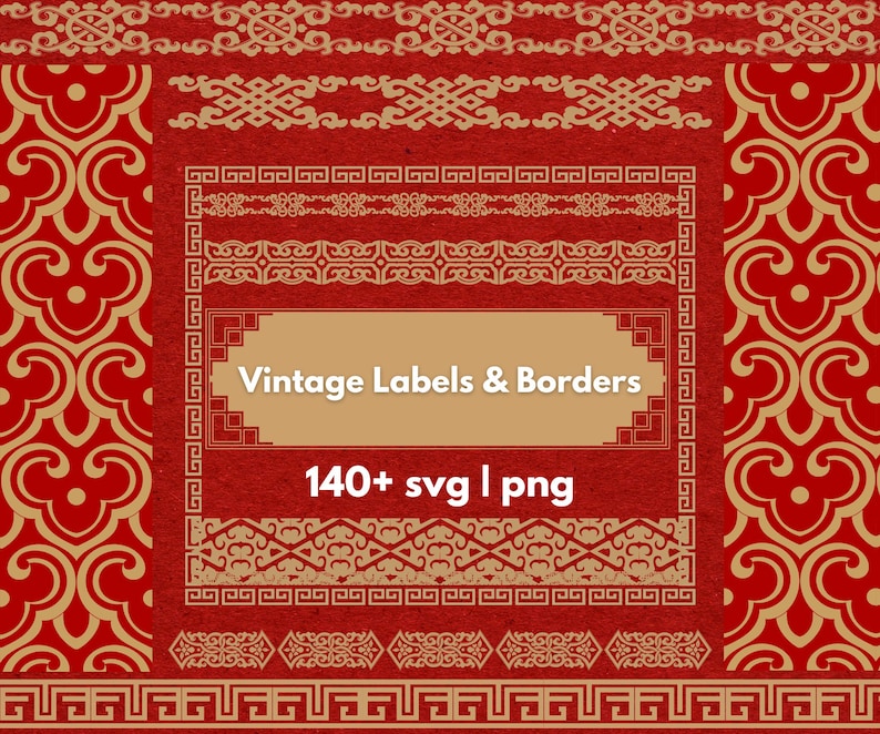 Kinesisk etikettgränspaket, vintage orientaliska SVG-namnskyltramar för laserskärning, Cricut, förpackningsdesign, traditionell guldvektoruppsättning bild 1