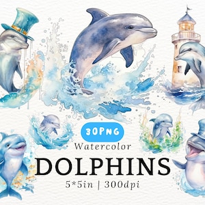 Cute Dolphin Watercolor Clipart Bundle - Baby Dolphins PNG, Ocean Animals, Kawaii Sea Life, Nursery Wall Art, 300 DPI Transparent Background