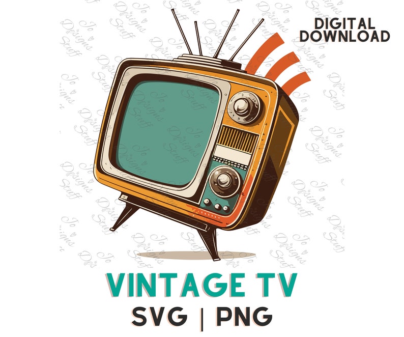May include: A vintage television illustration with a teal screen, set in a retro style. The TV is primarily orange and brown, with a silver trim and antenna. The words "DIGITAL DOWNLOAD" and "VINTAGE TV SVG | PNG" are also visible.
