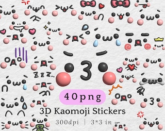Pegatinas digitales 3D Kaomoji, emoticonos kawaii PNG, descarga digital, emoticones japoneses para planificadores, diarios y publicaciones en redes sociales.