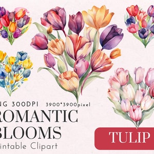 Heart-Shaped Tulip PNG Clipart - Watercolor Spring Floral Bouquets for Wedding Invites, Sublimation, Wall Art  300DPI Printable Flowers
