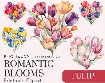 Tulipa em forma de coração PNG Clipart - Buquês florais de primavera em aquarela para convites de casamento, sublimação, arte de parede 300DPI Flores para impressão