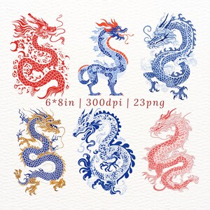 May include: Six digital illustrations of Chinese dragons in red, blue, and gold. The dragons are depicted in a traditional style with intricate details and swirling patterns.