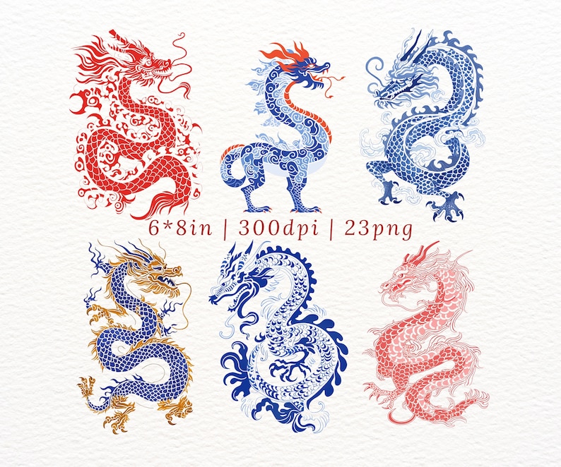 May include: Six digital illustrations of Chinese dragons in red, blue, and gold. The dragons are depicted in a traditional style with intricate details and swirling patterns.