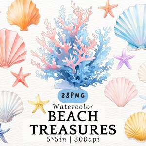 Pastel Beach Treasures Clipart Starfish Seashell Coral PNG Digital Ocean Decor for Scrapbook Nursery Wall Art 300dpi