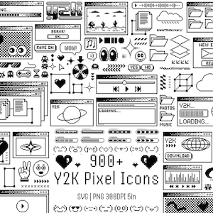 May include: A collection of over 900 Y2K pixel icons in black and white. The image includes various pixelated graphics such as hearts, loading bars, windows, and emoticons. The text "Y2K Pixel Icons" is also present.
