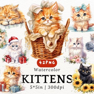Chubby Kittens Akwarela Clipart - Słodkie Kawaii Cartoon Kittens, Małe Koty PNG Przezroczyste Tło, Słodkie Zwierzęta, Wystrój Przedszkola