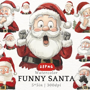 Schrullige Weihnachten Clipart, Aquarell Weihnachtsmannköpfe mit lustigen Ausdrücken, lustiges Feiertags PNG, verrückte Weihnachtsmannillustrationen, niedlicher verronnener Weihnachtsmann