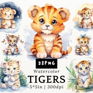 Clipart de aquarela de tigre gordinho - Arte de tigre de desenho animado kawaii, filhotes de tigre em PNG com fundo transparente, animais fofos, decoração de berçário