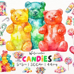 Collection de cliparts de bonbons, assortiment de bonbons à l'aquarelle, oursons en gélatine, sucette, canne en bonbon, barbe à papa, fèves à la gelée, chewing-gum, scrapbooking