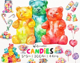 Candy Clipart Collection, Watercolor Candy Variety Pack, Gummy Bears, Lollipop, Candy Cane, Cotton Candy, Jelly Bean, Gum Drop,Scrapbooking