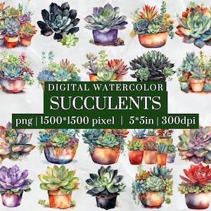 Paquete de imágenes prediseñadas de suculentas en acuarela, plantas en maceta, PNG para pegatinas, álbumes de recortes, tarjetas, invitaciones, descarga digital, 300 DPI