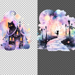 May include: A watercolor illustration of a black cat walking down a path towards a house with a black cat sitting on the roof. The path is lined with stars and streetlights. The background is a purple and pink sky with clouds.