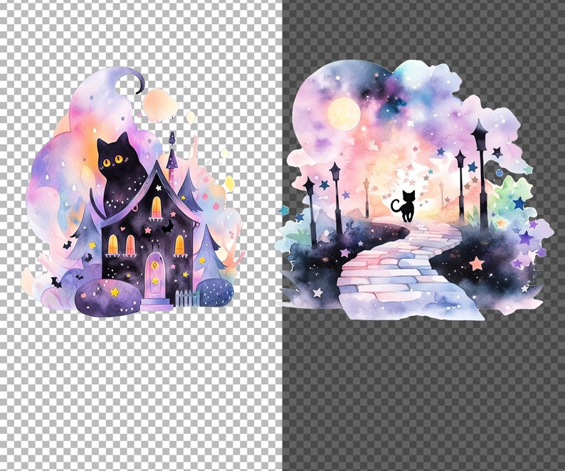 May include: A watercolor illustration of a black cat walking down a path towards a house with a black cat sitting on the roof. The path is lined with stars and streetlights. The background is a purple and pink sky with clouds.