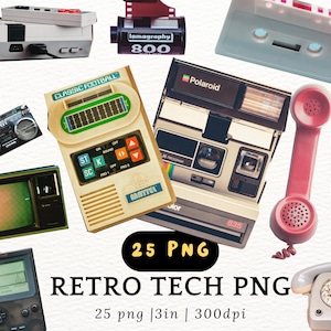 May include: A collection of 25 retro tech PNG images, including a vintage game console, a Polaroid camera, a cassette tape, a rotary phone, a film canister, a game cartridge, and a vintage phone. The images are in a variety of colors, including red, blue, green, and yellow.