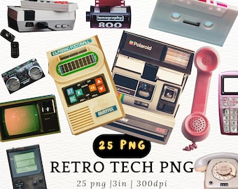 Retro Tech PNG Digitale Download 25 Vintage Elektronica Clipart Afdrukbare Ephemera 300 DPI Transparante Sticker voor Junk Journal Scrapbook Art