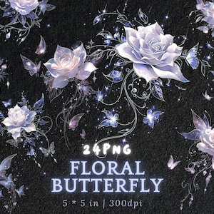 Floral Schmetterling PNG Clipart Bundle mit Sparkle Rose Elements Transparent 300 DPI Fantasy Flügel für Journals Aufkleber und Sublimation