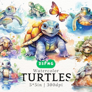 Mollige Schildkröten Aquarell Clipart - Niedliche Kawaii Cartoon Schildkröten, Baby Schildkröten PNGs Transparenter Hintergrund, Süße Tiere, Kinderzimmer Dekor