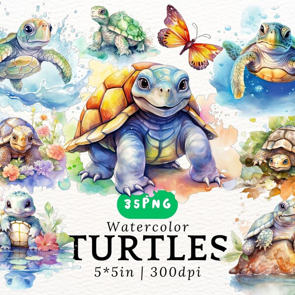 Clipart aquarelle tortues joufflues - Tortues mignonnes de dessin animé kawaii, bébés tortues PNGs fond transparent, animaux mignons, décoration de chambre d'enfant