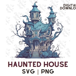 Haunted Victorian House SVG - Raccapricciante, illustrazione retrò dei cartoni animati con piante morte, architettura contorta, atmosfera inquietante e atmosfera senza vita