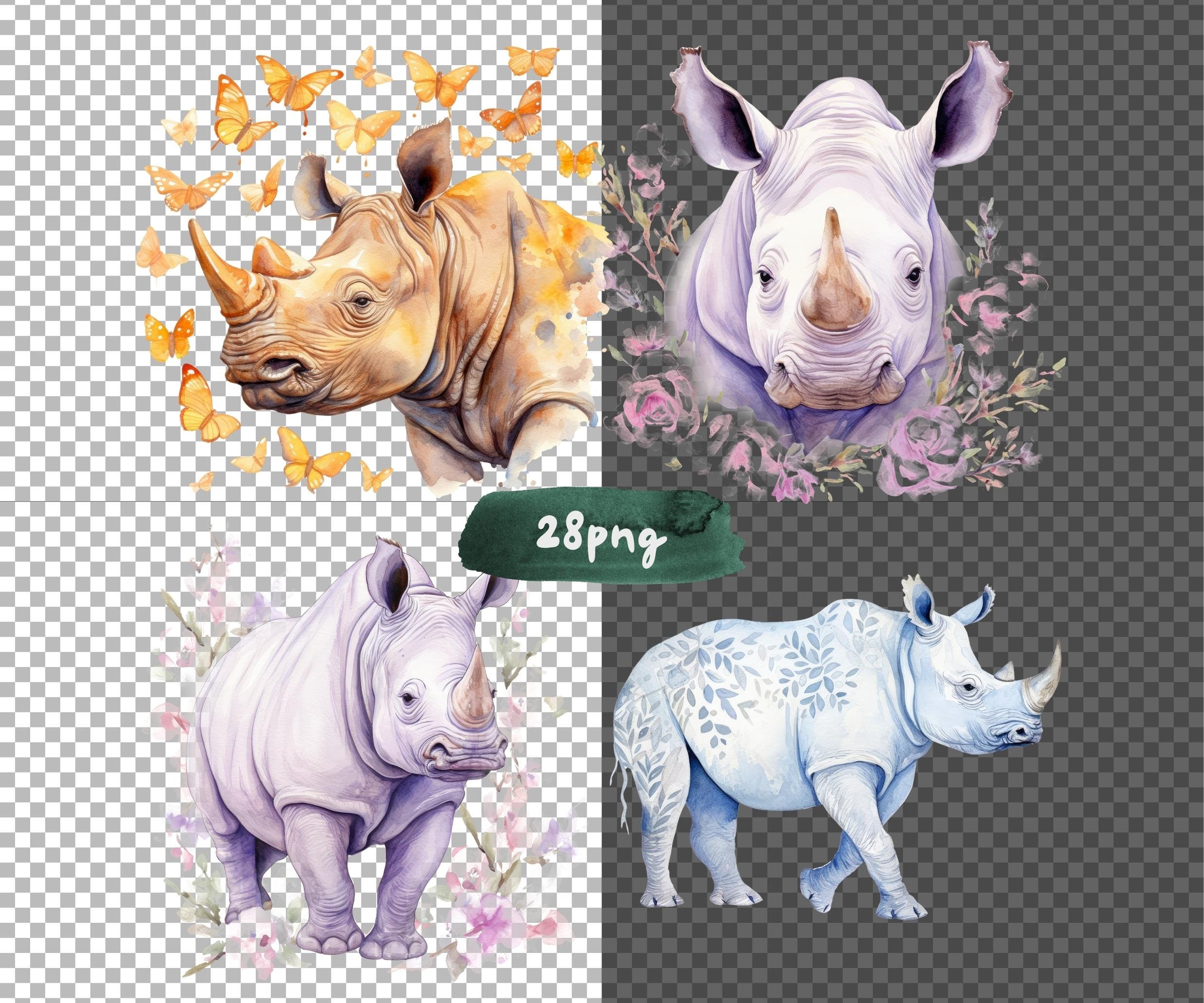 Rhinoceros Watercolor Clipart Bundle, Cute Baby Rhino PNG, Wild Safari ...