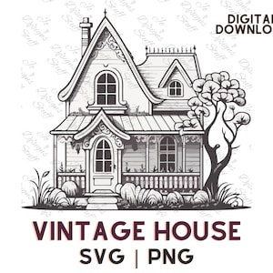 Cartoon House Clipart SVG - Black and White Hand-Drawn Style Illustration, Charming Front Yard and Plants, Elegant Monochrome Design