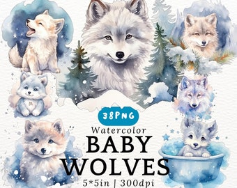 Chubby Baby Wolf Watercolor Clipart - Cute Kawaii Cartoon Puppy Wolves, Baby Wolf PNGs Transparent Background, Cute Animals, Nursery Decor