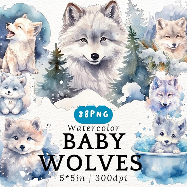 Chubby Baby Wolf Watercolor Clipart - Cute Kawaii Cartoon Puppy Wolves, Baby Wolf PNGs Transparent Background, Cute Animals, Nursery Decor