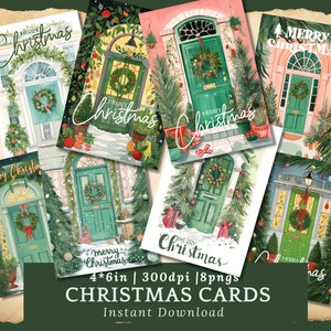 Tarjetas navideñas vintage, postales navideñas con temática de casa, descarga digital, casa de puerta verde con adornos navideños, tarjeta de vacaciones de invierno, png