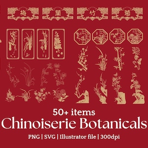 May include: A selection of gold Chinoiserie botanical illustrations on a red backdrop. The image features diverse floral and plant designs, accompanied by the text "50+ items Chinoiserie Botanicals" and file type details.