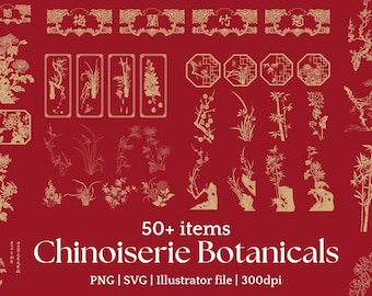 Chinoiserie Asian Botanical Floral Clipart SVG and PNG Vintage Line Art Bamboo Orchid Plum Blossom Chrysanthemum for Cricut Canva Designs