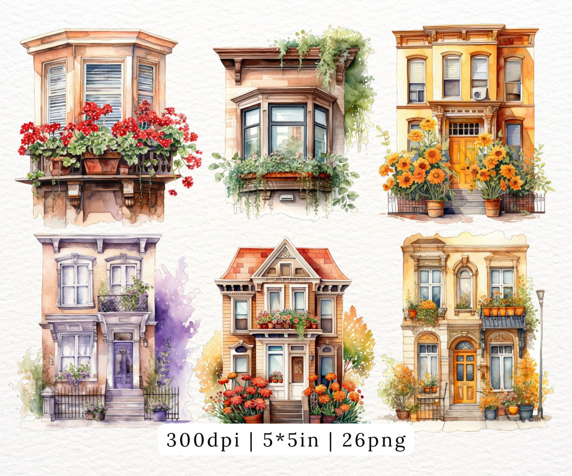 Watercolor Townhouse Clipart, Flowers and Plants, Cute Cozy Classic