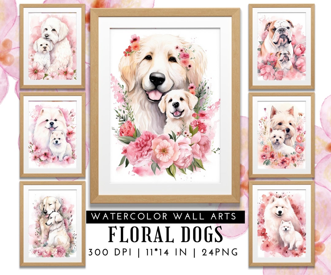 Watercolor Floral Dog Wall Art - Cute Puppy Printables PNG, 300DPI Dog ...