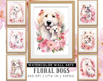 Mother's Day Wall Art Dog Mom and Puppy Watercolor Design Pink Floral,  Printable Greeting Card, 300 DPI, for Dog Lovers, New Born Puppy 
