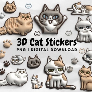Naklejki 3D z kotami do cyfrowych notatników, 43 urocze pulchne koty z kreskówek, łapy kota, odciski stóp, naklejki Goodnotes, przezroczyste wycinane cliparty