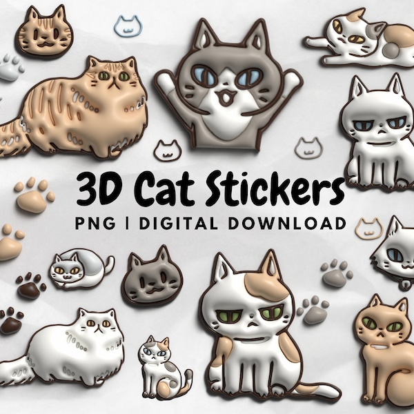 3D Cat Stickers for Digital Notebooks, 43 Cute Chubby Cartoon Cats, Cat Paws, Foot Prints, Goodnotes Stickers, Transparent Cutout Clipart