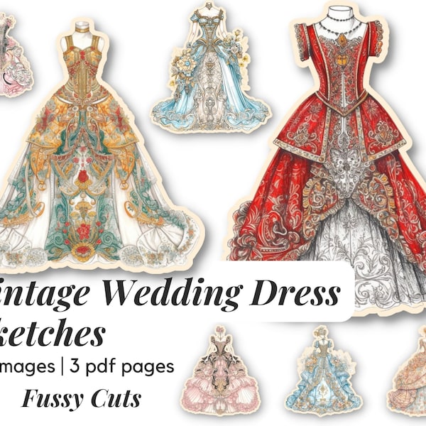 Victorian Wedding Dresses - fussy cuts, pencil sketches, Journal, Scrapbooking Ephemera, Antique Style Costumes, Altered art,Mixed media