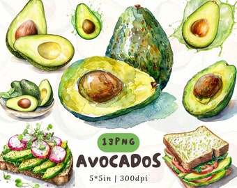 Aquarel avocado clipart, gezonde voeding png, avocadotoost illustratie, naadloos avocadopatroon, tropisch fruit png voor plakboek, veganistische kunst