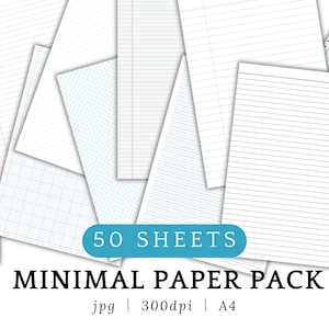 Op de afbeelding: Een set van 50 bedrukbare A4-vellen in verschillende stijlen, waaronder gestreept, geruit en gestippeld. De vellen zijn in een minimalistische stijl met een blauw-wit kleurenschema. De tekst "50 SHEETS MINIMAL PAPER PACK jpg | 300dpi | A4" wordt onderaan de afbeelding weergegeven.
