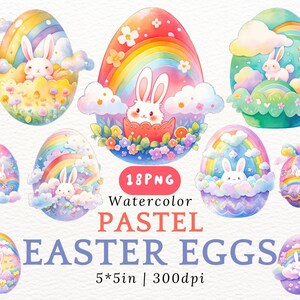 Easter Bunny Egg PNG Clipart Pastel Watercolor Egg with Rainbow and Clouds Kawaii Spring Bunny Egg Stickers 300DPI Digital Download